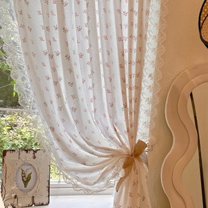 Floral Printed Lace Cotton Curtain, Coquette Ruffle Lace Flower Window Decor Curtain One Panel