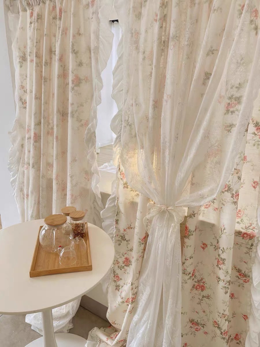 Double Layer Lace Floral Cotton And Linen Curtain, Farmhouse Country Style Curtain, Cream Ruffle Lace One Panel Double-layered Curtain