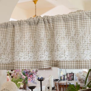 Gingham Lace Short Curtain Valance For Window, French Country Style Rod Pocket Farmhouse Curtain For Cafe, Kitchen