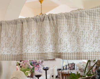 Gingham Lace Short Curtain Valance For Window, French Country Style Rod Pocket Farmhouse Curtain For Cafe, Kitchen