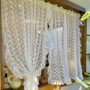 Rideau brodé en dentelle blanche, rideau décoratif en dentelle à un panneau à volants pour café, cuisine, salon, porte