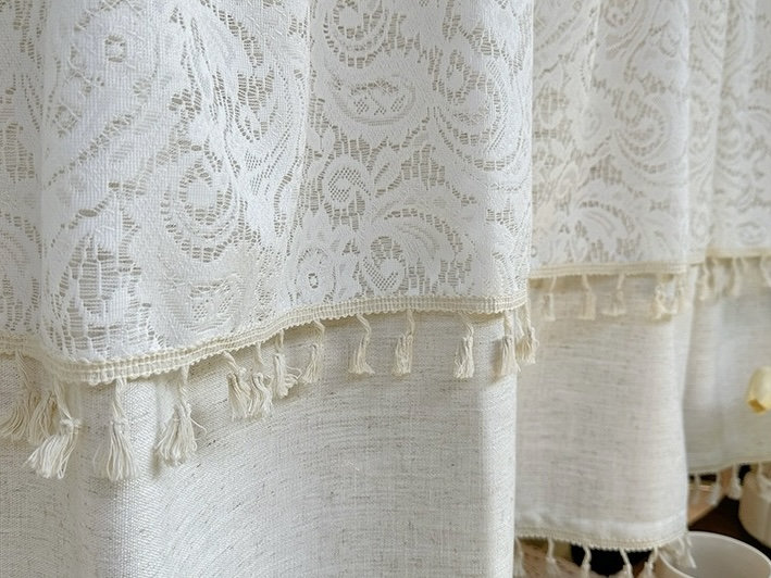 LinenZone Tenda Doccia In Pizzo Extra Lunga - 183x213 Cm, Con Mantovana E Nappe - Stile Rustico E Vintage - Bianco
