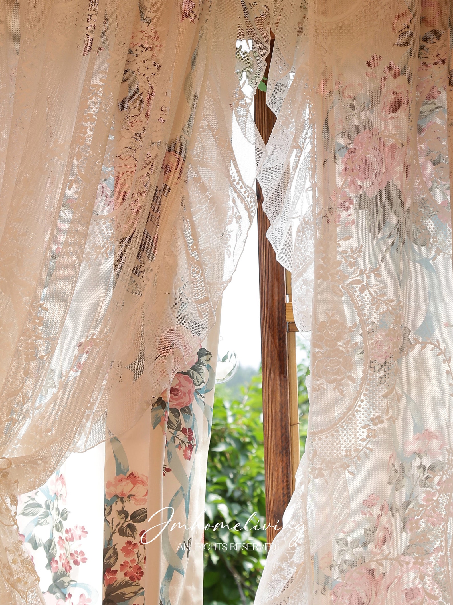 Lace Floral Cotton Curtain, Farmhouse Shabby Chic Curtain, Ruffle Lace