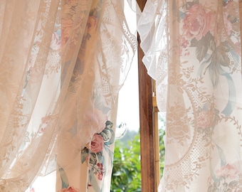 Rideau en dentelle de coton à fleurs, rideau style campagnard shabby chic, rideau double épaisseur en dentelle à volants