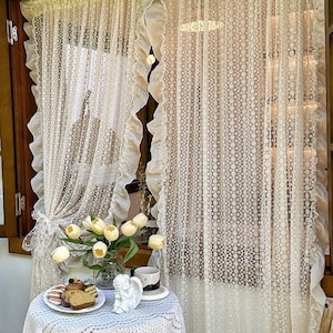 Ruffle Lace Curtain, Ruffle French Country Style Lace Window Decor Curtain For Cafe, Kitchen, Living Room