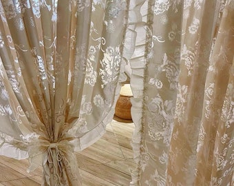 Rococo Style Floral Sheer Curtain, Ruffle Light Filtering Window Decor Curtain For Cafe, Living Room, Kitchen