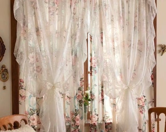 Lace Floral Cotton Curtain, Farmhouse Sabby Chic Curtain, Ruffle Lace One Panel Double-layered Curtain