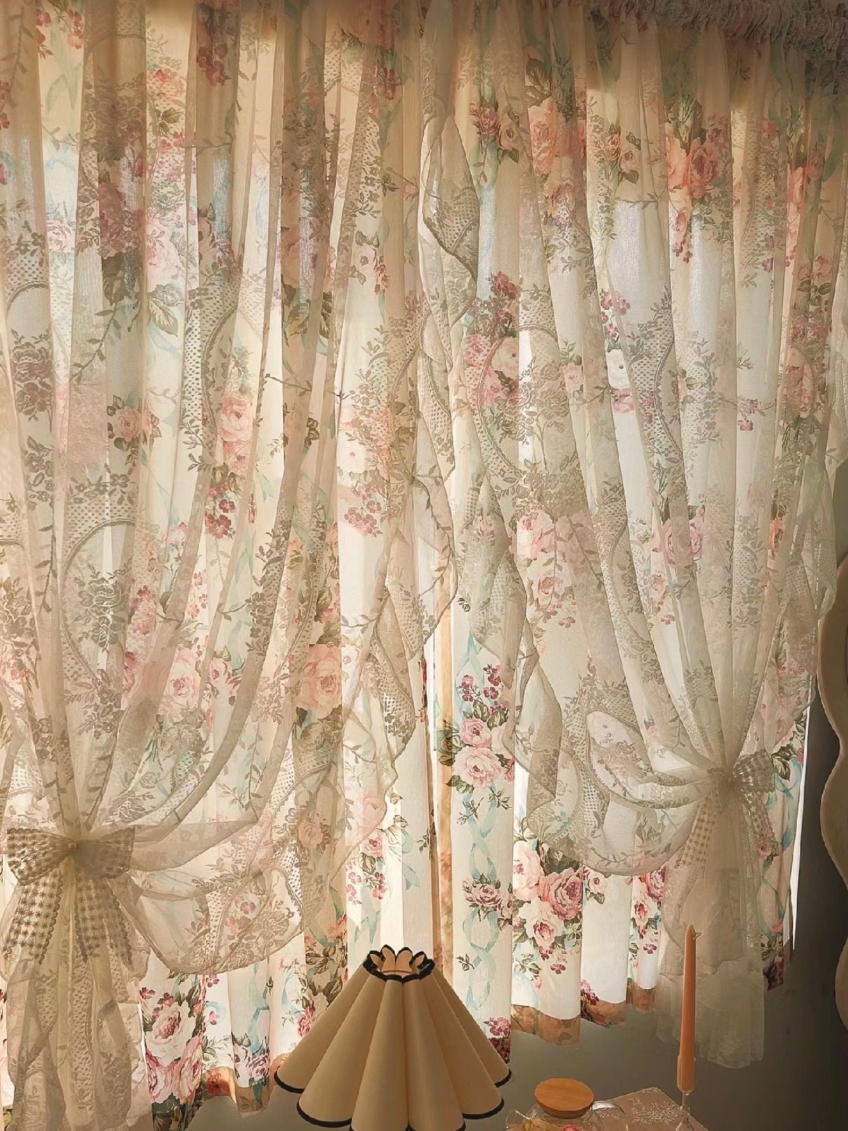Rideau en dentelle de coton à fleurs, rideau Farmhouse Sabby Chic, rideau double épaisseur en dentelle à volants