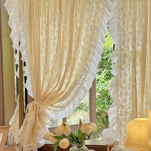 Rideau en coton à imprimé floral marguerites, rideau décoratif pour fenêtre à volants crème jaune pâle beurre