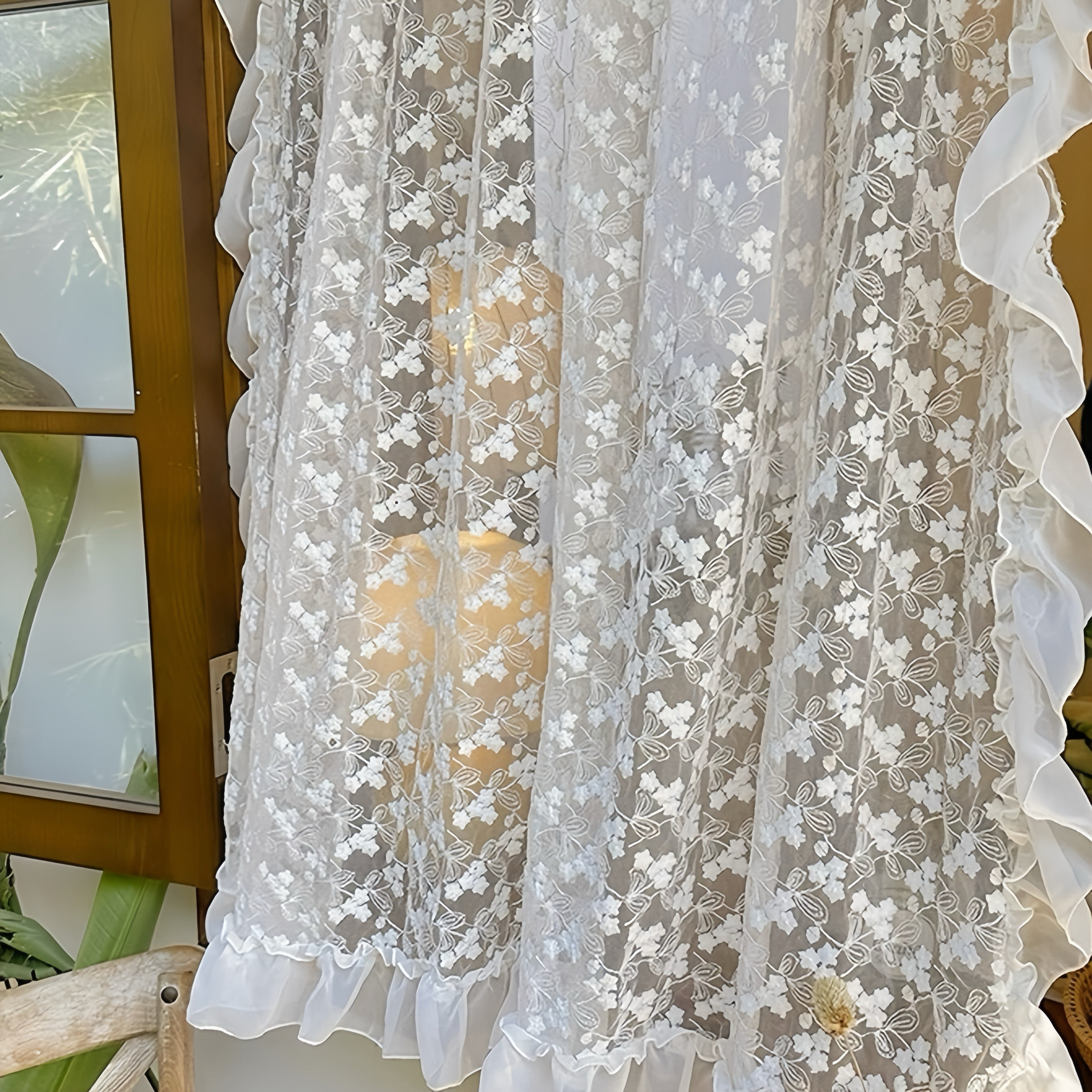 Tende Ricamate in Pizzo Bianco, Tende in Voile Vintage Rococò Francese, Tende per Finestre Trasparenti con Tasca per Asta, con Volant A Pieghe (Colore : 1 Pannelli, Dimensioni : W1.5xH2.2m
