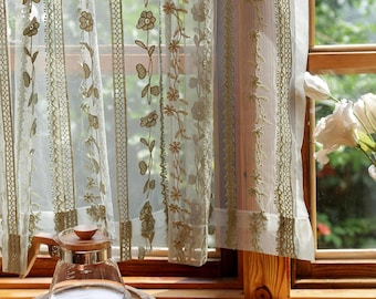 Green Lace Embroidered Curtain, Green Floral Lace One Panel Window Decor Rod Pocket Curtain For Kitchen, Cafe, Living Room