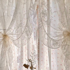 Lace Floral Cotton Curtain, Farmhouse Country Style Coquette Curtain, Ruffle Lace One Panel Double-layered Curtain