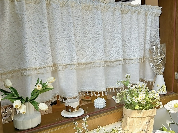 A.Monamour Tenda corta per piccole finestre, trasparente, beige, in cotone traforato all'uncinetto, chic, bohémien, mantovana, tenda a pannello per cucina, bar, camera da letto, armadio, tenda per