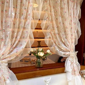 Floral Sheer Curtain, Ruffle Flower Coquette Window Decor Cafe, Living Room, Kitchen, Bedroom Sheer Curtain