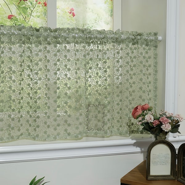 Green Lace Embroidered Curtain, Green Floral Lace One Panel Window Decor Rod Pocket Short Curtain For Kitchen, Cafe, Living Room