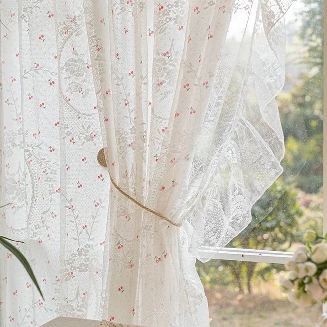 Tenda Da Cucina Boho In Misto Cotone – Corta 175x45 Cm, Con Ricamo Effetto Uncinetto, Semitrasparente, Beige, Stile Rustico