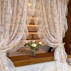 Floral Sheer Curtain, Ruffle Flower Coquette Window Decor Cafe, Living Room, Kitchen, Bedroom Sheer Curtain