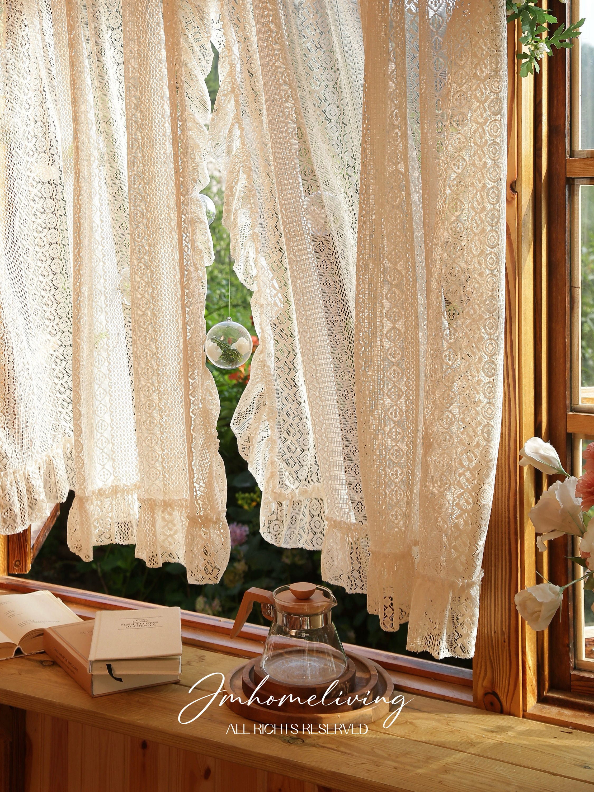 Landhaus-Ofenvorhang Beige – Mit Spitze & Rüschen, 9 Bänder – Für Herd & Ofen, Küchendekoration