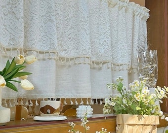 TUDECO Tenda da doccia in pizzo bianco con mantovana, elegante tenda da doccia floreale in pizzo per bagno vintage smerlato francese country decorazione bagno 183 x 183 cm, 1 pannello