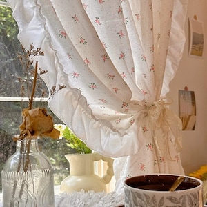 Pink And White Floral Printed Cotton Curtain, Ruffle Princess Coquette Window Decor Curtain One Panel