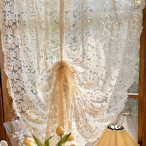 Lace Embroidered Gauze Tie Up Curtain For Small Window, Cream French Country Style One Panel Window Decor Curtain For Kitchen, Cafe