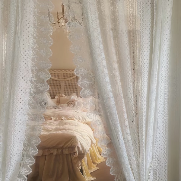 Rideau en dentelle blanche, rideau décoratif en dentelle de style français à volants, un panneau pour chambre, salon, cuisine