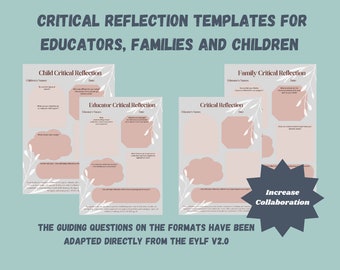 May include: Four printable templates for critical reflection, designed for educators, families, and children. Each template features a pink cloud shape with guiding questions for self-reflection. The text "Increase Collaboration" is highlighted in a blue star shape.