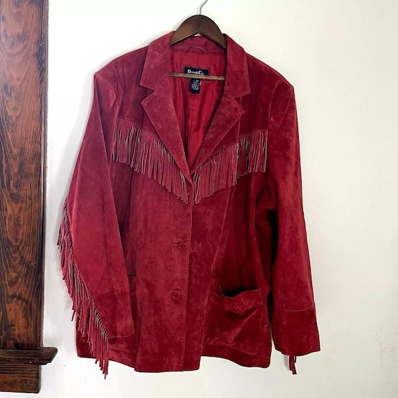 Vintage Denim & Co Suede Leather Fringe Jacket Deep Red