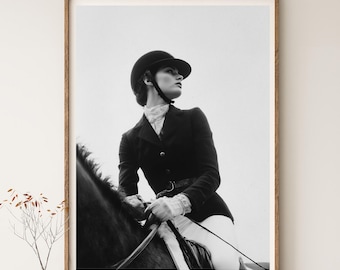 Black and White Equestrian Portrait Print, Vintage Riding Fashion, Minimalist Decor