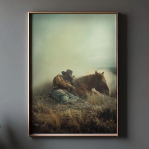 western print of cowboy resting with his horse, wild west frontier painting, western vintage style, American Style, Farmhouse Art poster