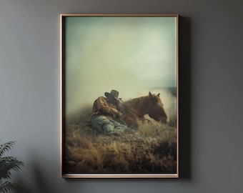 Cowboy and Horse Print: Vintage Western Farmhouse Art Poster