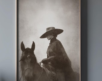 Sepia Cowgirl Horse Print: Vintage Western Art