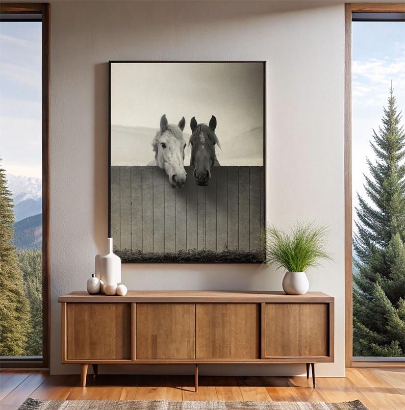 Pu&ograve; includere: Fotografia in bianco e nero di due cavalli che guardano oltre una recinzione di legno. I cavalli guardano la fotocamera. La foto &egrave; incorniciata e appesa a un muro sopra un mobile in legno.