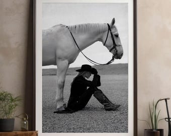 Western Cowgirl and Horse Print: Black and White Ranch Wall Art