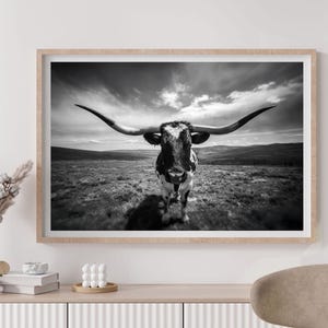 Texas longhorn standing in scenic field, western scene wall art, Texas wall decor, Cattle ranch art, landscape midwestern print
