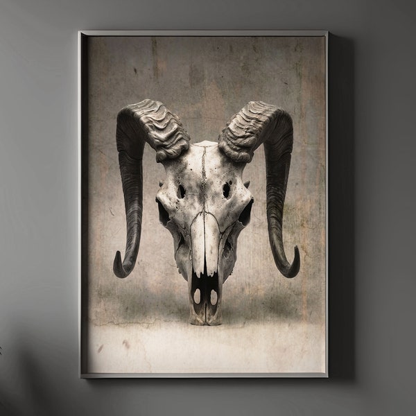 Vintage Ram Skull wall art, moody living room art, Fine Art Rustic Decor for Office, Fathers day gift, gift for hunter, mounted goat head