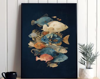 Fish Painting, Collage ocean Still Life Fish Art, Vintage Sea Life Print, Wall Decor for Fish Restaurant, Nautical Fish Coastal Home Art