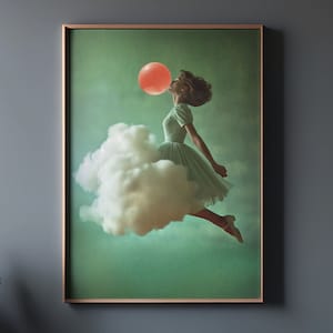 May include: A woman in a light green dress floats on a white cloud with a red balloon in her mouth. The background is a soft green.
