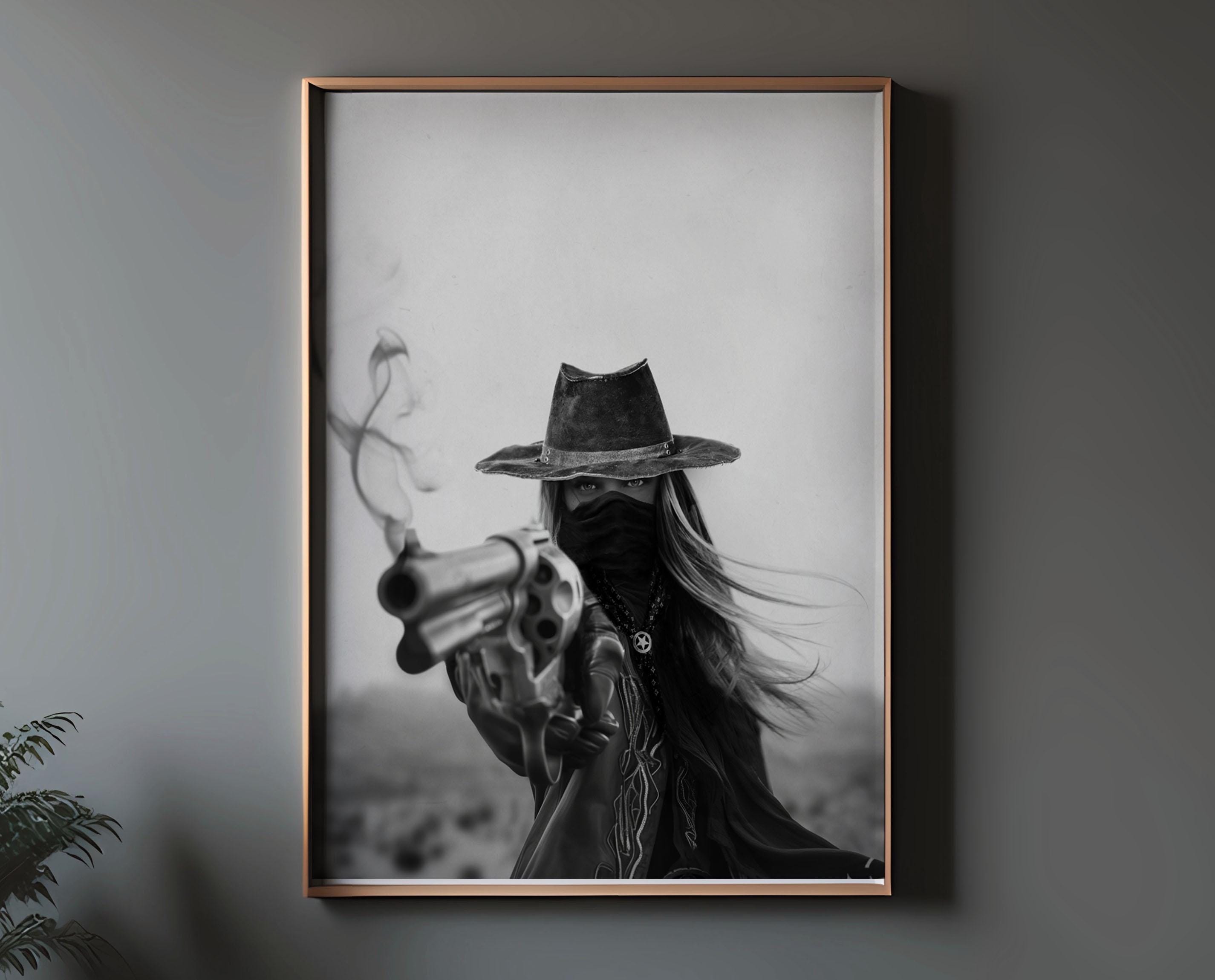 western cowgirl with six shooter, wild west frontier, western vintage style, western bar decor, American Style, Farmhouse Art poster