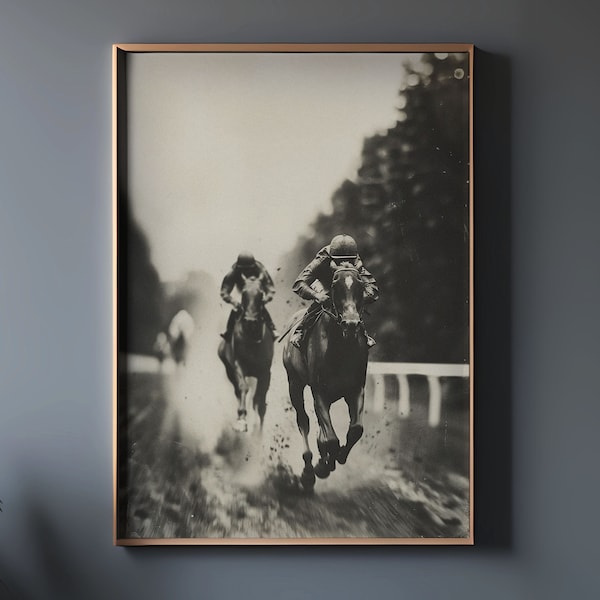 Horse racing print, vintage horse rider wall art, large sport print, Kentucky Derby, living room art, moody aesthetic, large luxury print