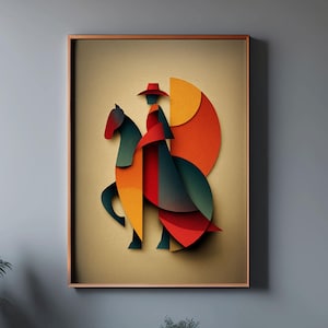 Modern Cowgirl and Horse Wall Art, Abstract Western Print, Bold Geometric Cowboy Decor, Southwestern Horseback Rider Artwork