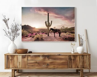 Horse and Cactus Desert Art Print: Vintage Western Landscape