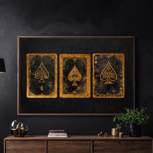 vintage Aces of Spades cards on black leather, Playing cards wall art, poker poster, Man cave art print, gift for him