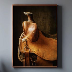Vintage Horse Saddle Wall Art, Rustic Cowboy Decor for farmhouse, Ranch, or Man Cave, Old Leather Saddle Poster, Western Art for airbnb