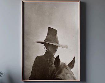 Vintage Cowgirl Art Print: Sepia Western Woman on Horseback