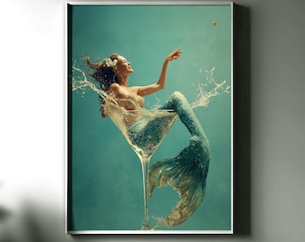 Mermaid in Martini Glass Wall Art, Vintage Pinup Cocktail Print, Whimsical Bar Decor for Beach House or Home Bar