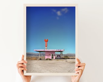 Desert Landscape Art Print: Retro Gas Station, Southwestern Decor