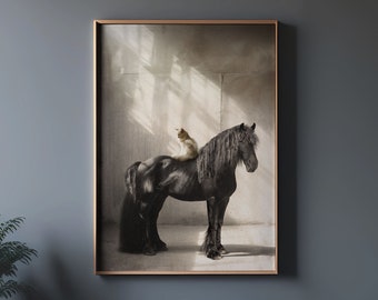 Whimsical Cat and Horse Print: Rustic Farmhouse Wall Art