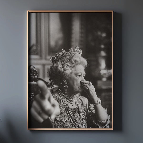 Lámina con retrato divertido de la Reina, decoración de bar para baño de mediados de siglo