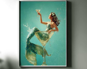 Mermaid Martini Glass Beach Home Wall Art, Vintage Pinup Cocktail Print, Whimsical Bar Decor for Beach House or Home Bar